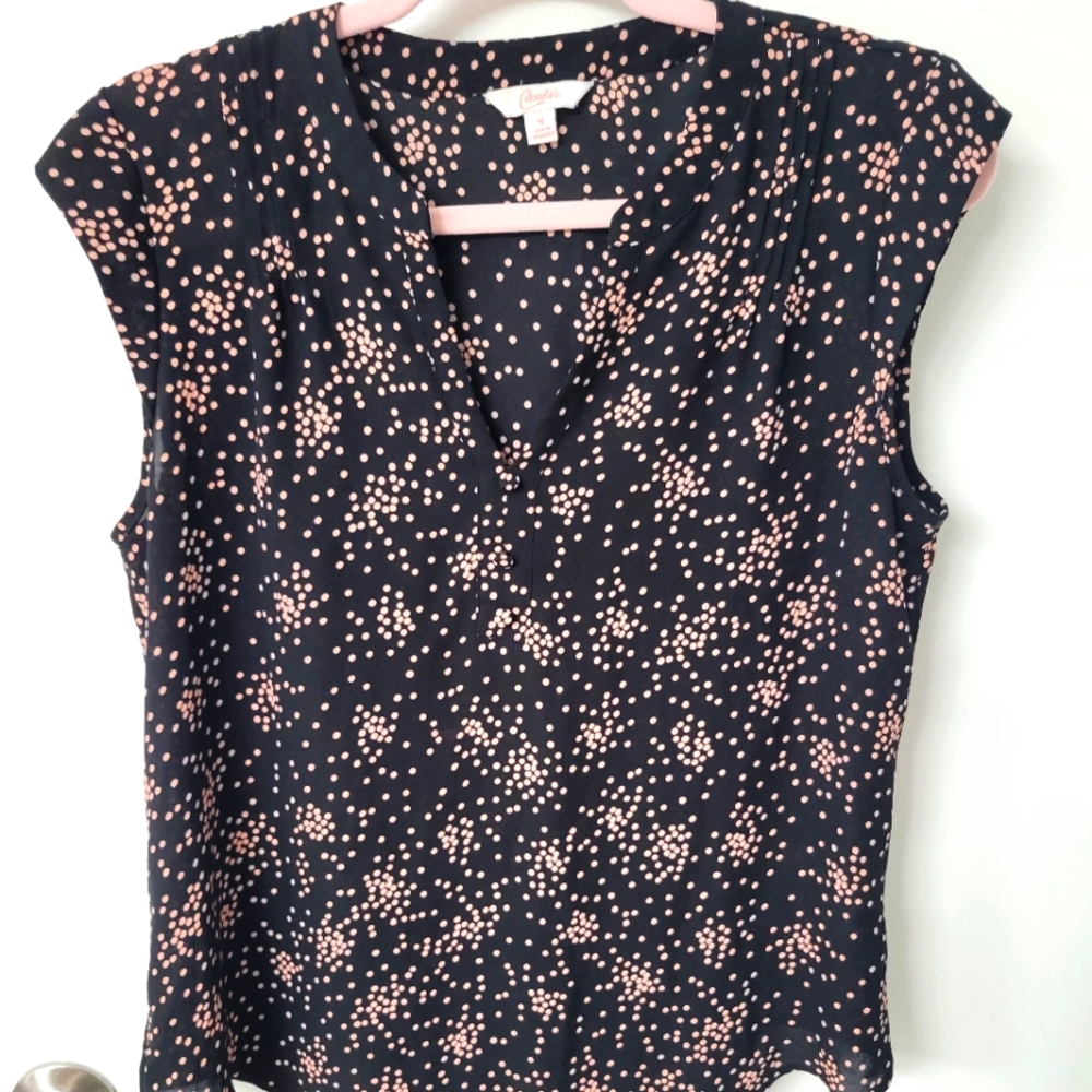 Candie's Women's Black with Pink Polka Dots Chiffon Blouse V-neck Button Closure